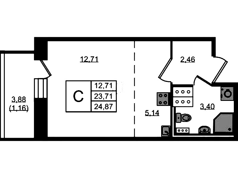Квартира студия 24.87 м², 11/11 эт., ЖК «Новое Колпино»